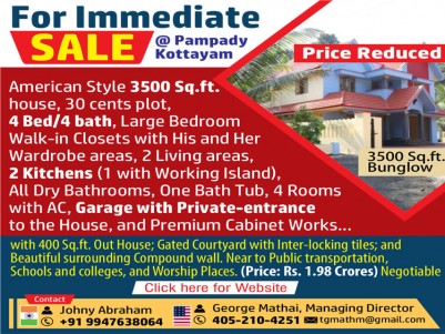American Style Independent House for Immediate Sale at Pampady, Kottayam.